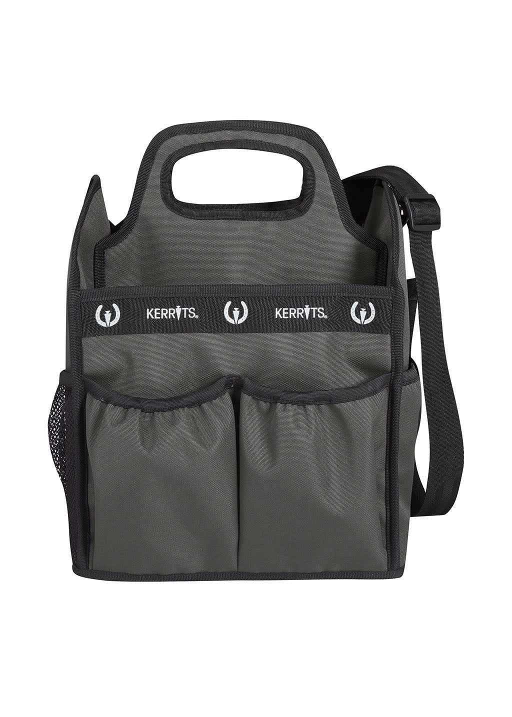 Front view of the Kerrits Barn Caddy in Sagestone, featuring multiple exterior quick-access pockets and the Kerrits horseshoe logo.