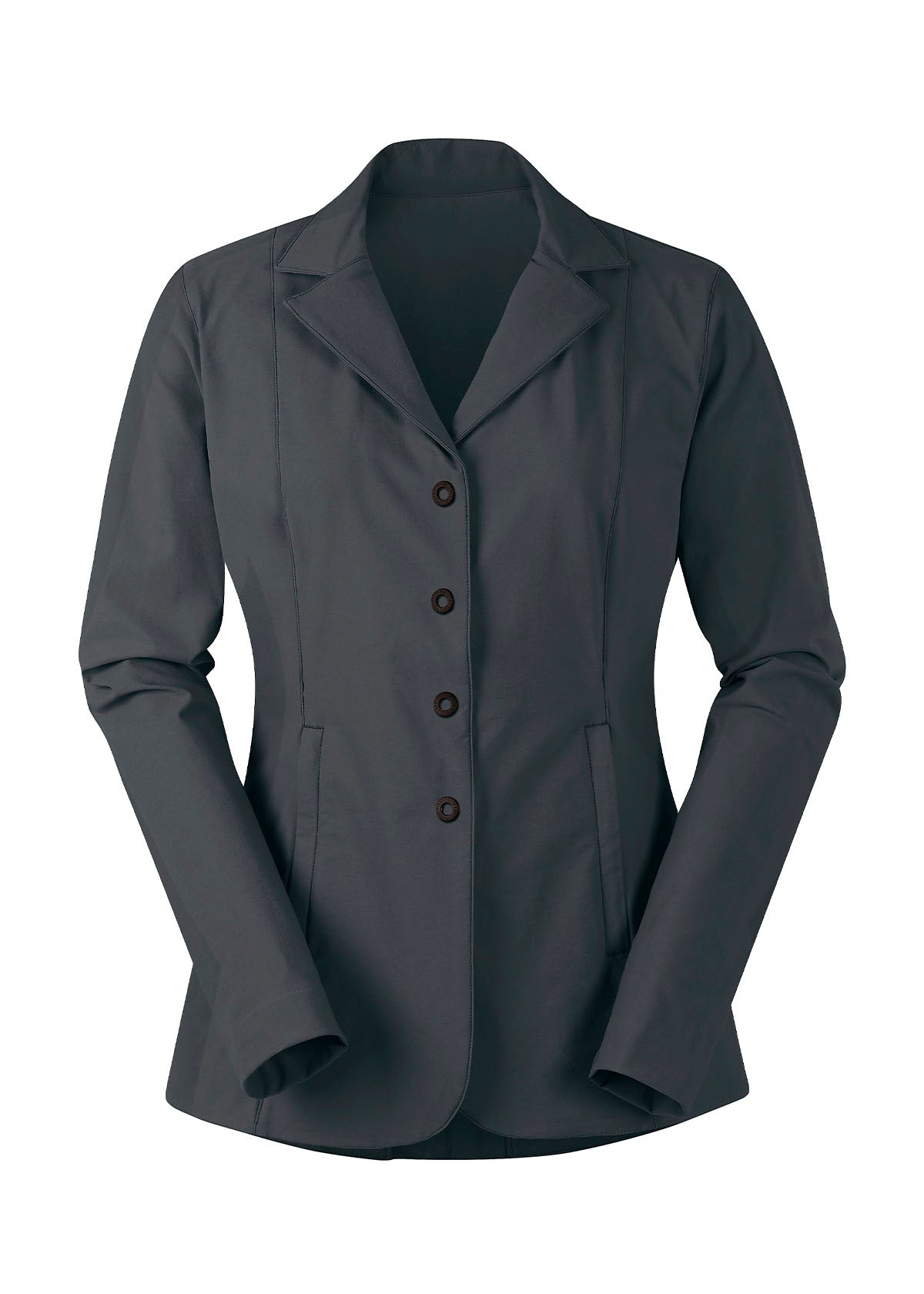 Stretch Competitor Koat in pine laid flat, front view, displaying the hidden front zipper, snap closures, and sleek design