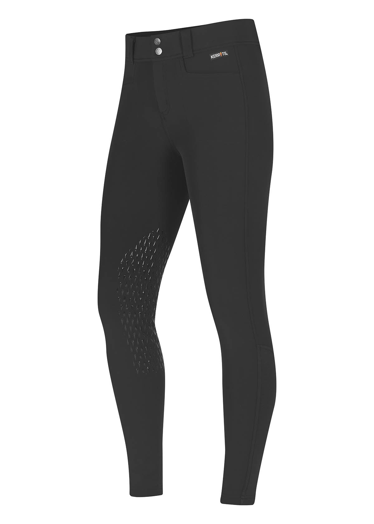 Left view of black 3-Season Tailored Knee Patch Riding Breeches showing the silicone knee patch, 2 button snap, belt loops and fly zip closure.