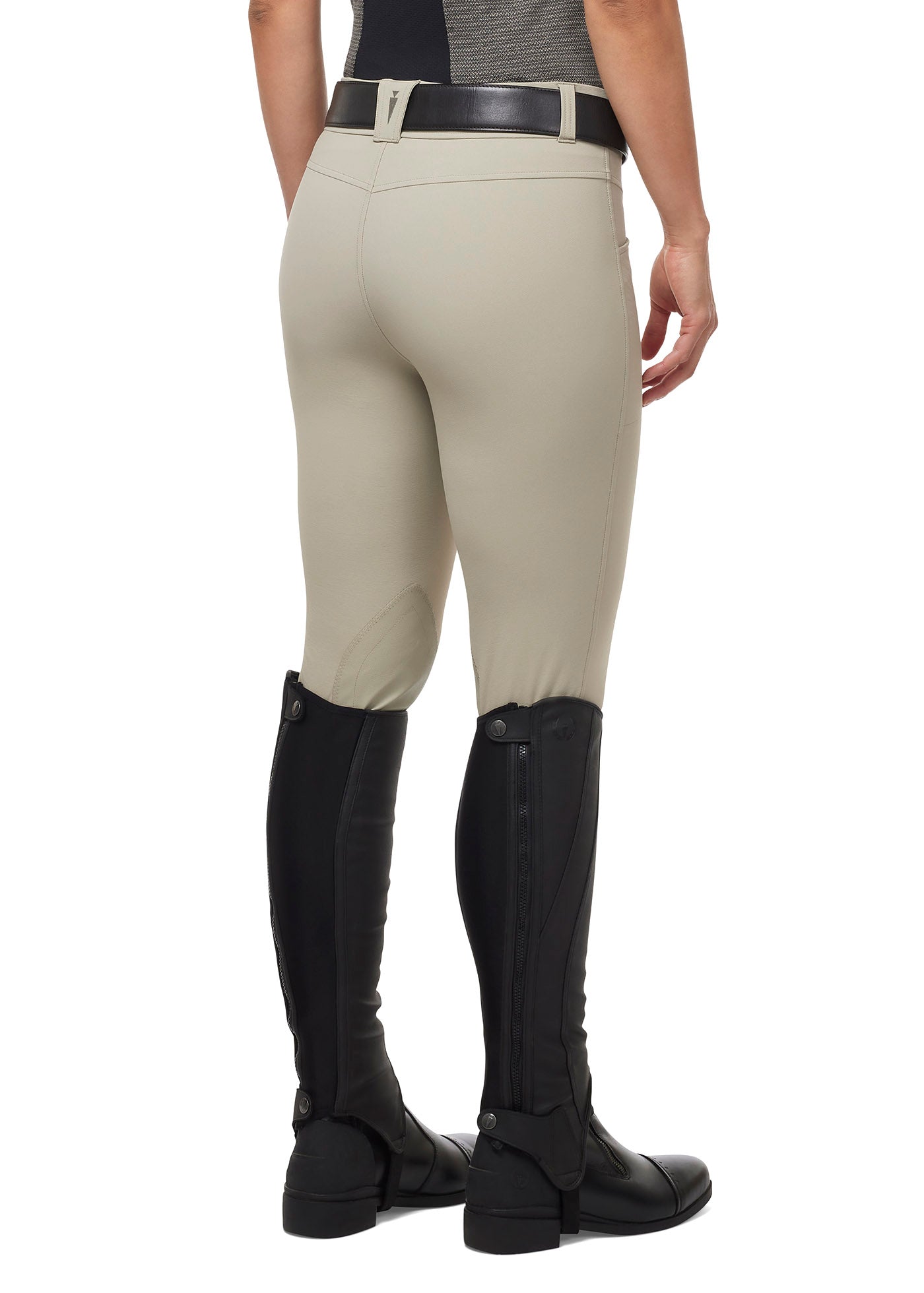 Back view of the Crossover II® Knee Patch Riding Breech in Sand, showcasing the comfort waistband with belt loops and the streamlined design.