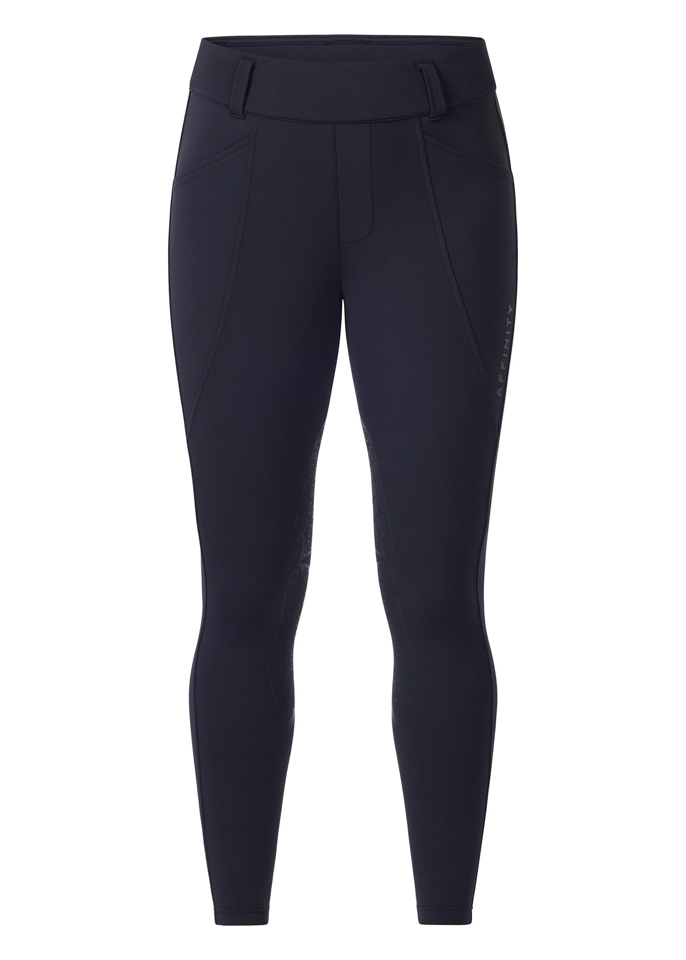 Flat lay of the Affinity® Pro Knee Patch Schooling Tight in Black, displaying the front design with tailored front fly and two front pockets.