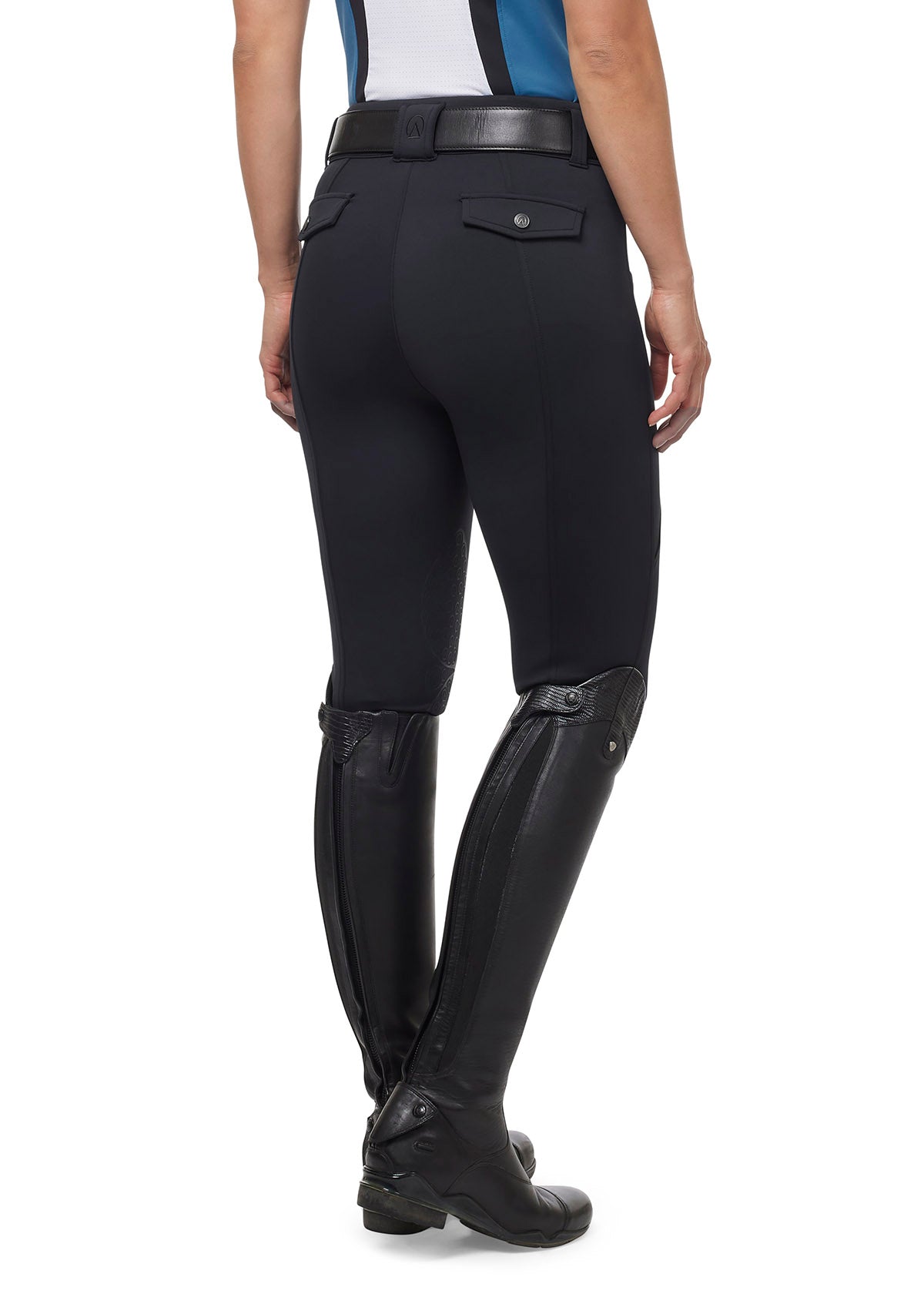 Back view of the Affinity® Pro Knee Patch Schooling Tight in Black, showcasing the ergonomic Affinity® Silicone knee patches for enhanced grip.