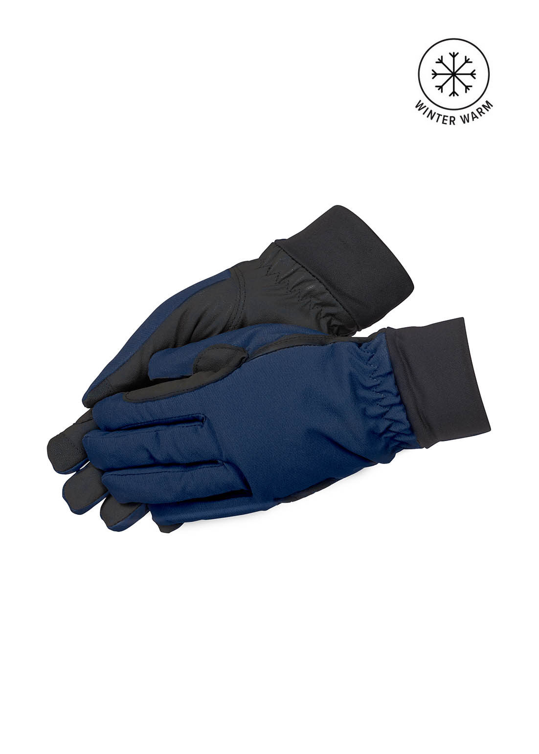 Flat lay of a pair of Kerrits Hand Warmer Riding Gloves in Navy, displaying both front and back sides.