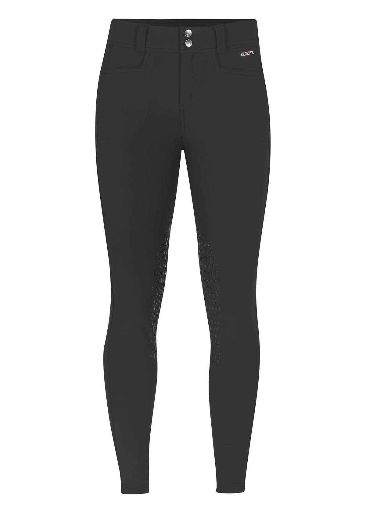 Flat lay of black 3-Season Tailored Knee Patch Riding Breeches showing the overall design of the riding pants.