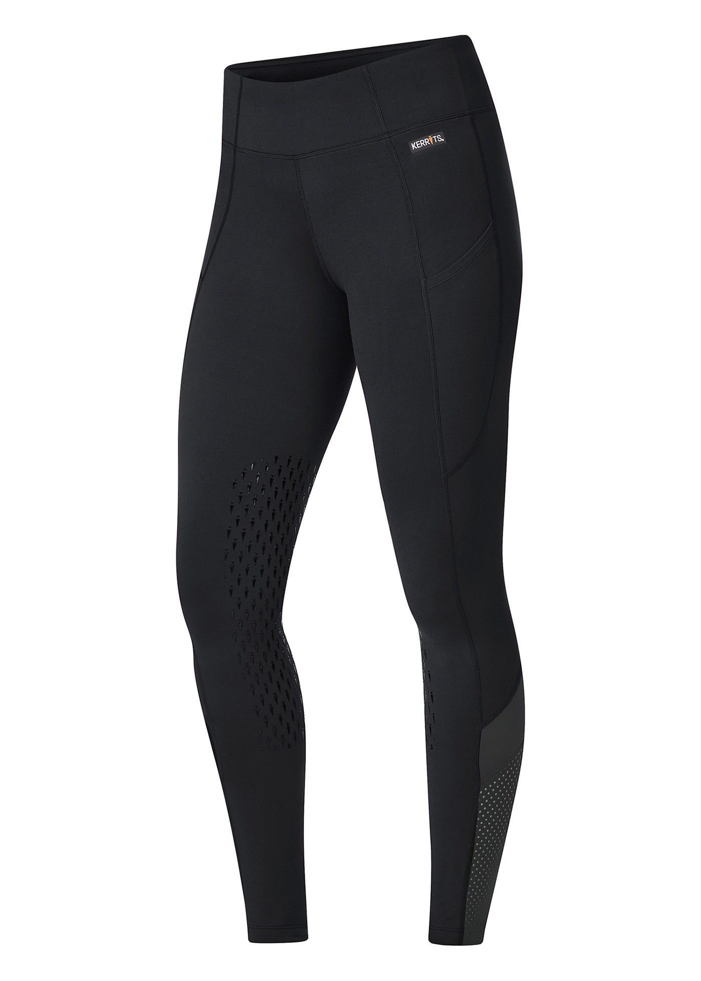 Side view of the Free Style Knee Patch Pocket Tight in Black, displaying the ergonomic fit and side pocket placement.