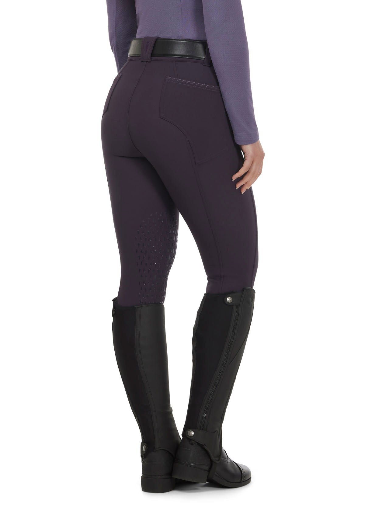 Back view of the Kerrits K-Flex™ Knee Patch Breech in Plumnoir, highlighting the ergonomic design and seamless seat construction.
