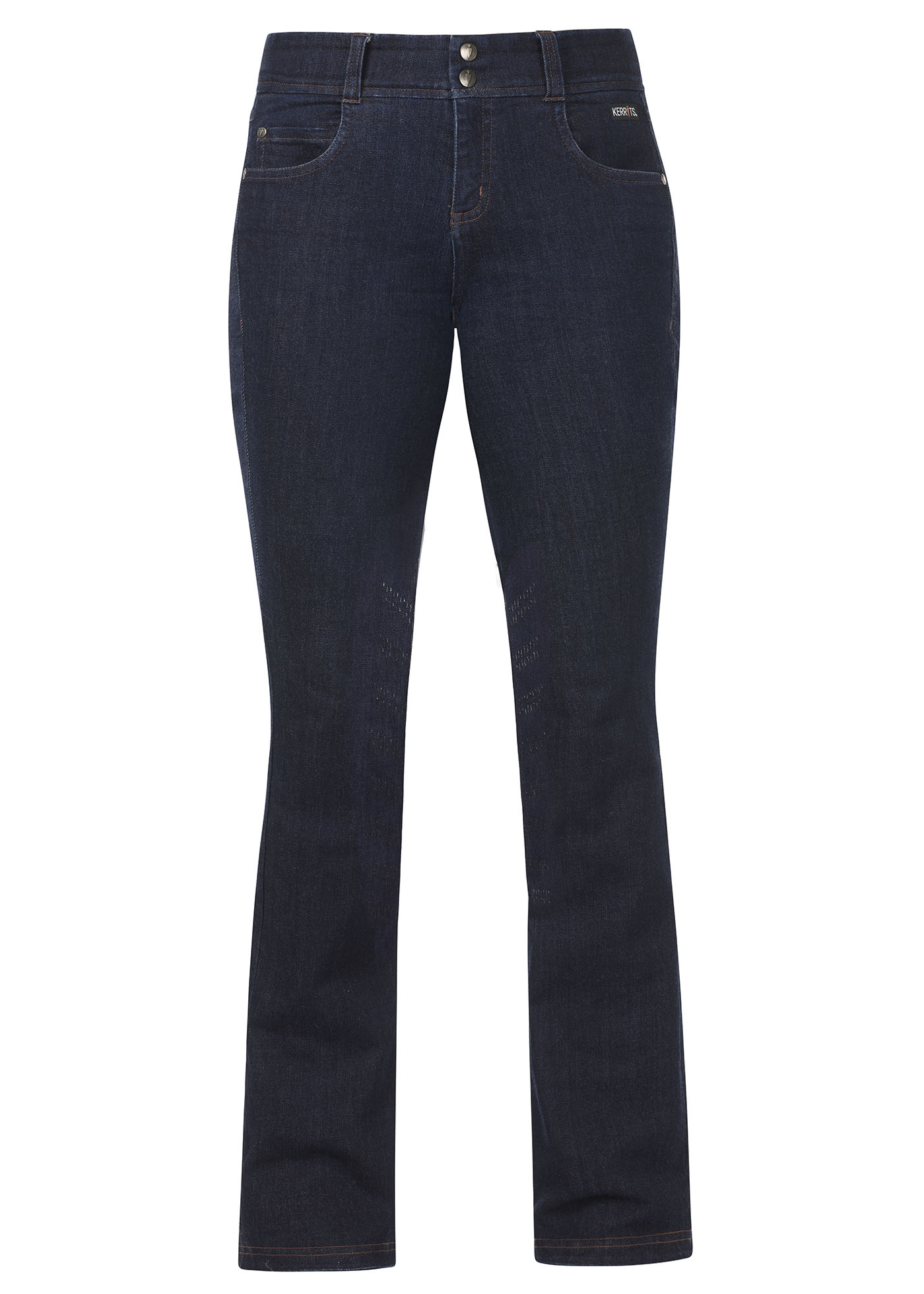 Front view of the Kerrits Stretch Denim Silicone Knee Patch Bootcut Riding Pant in denim, showcasing the classic five-pocket jean styling with contrast stitching