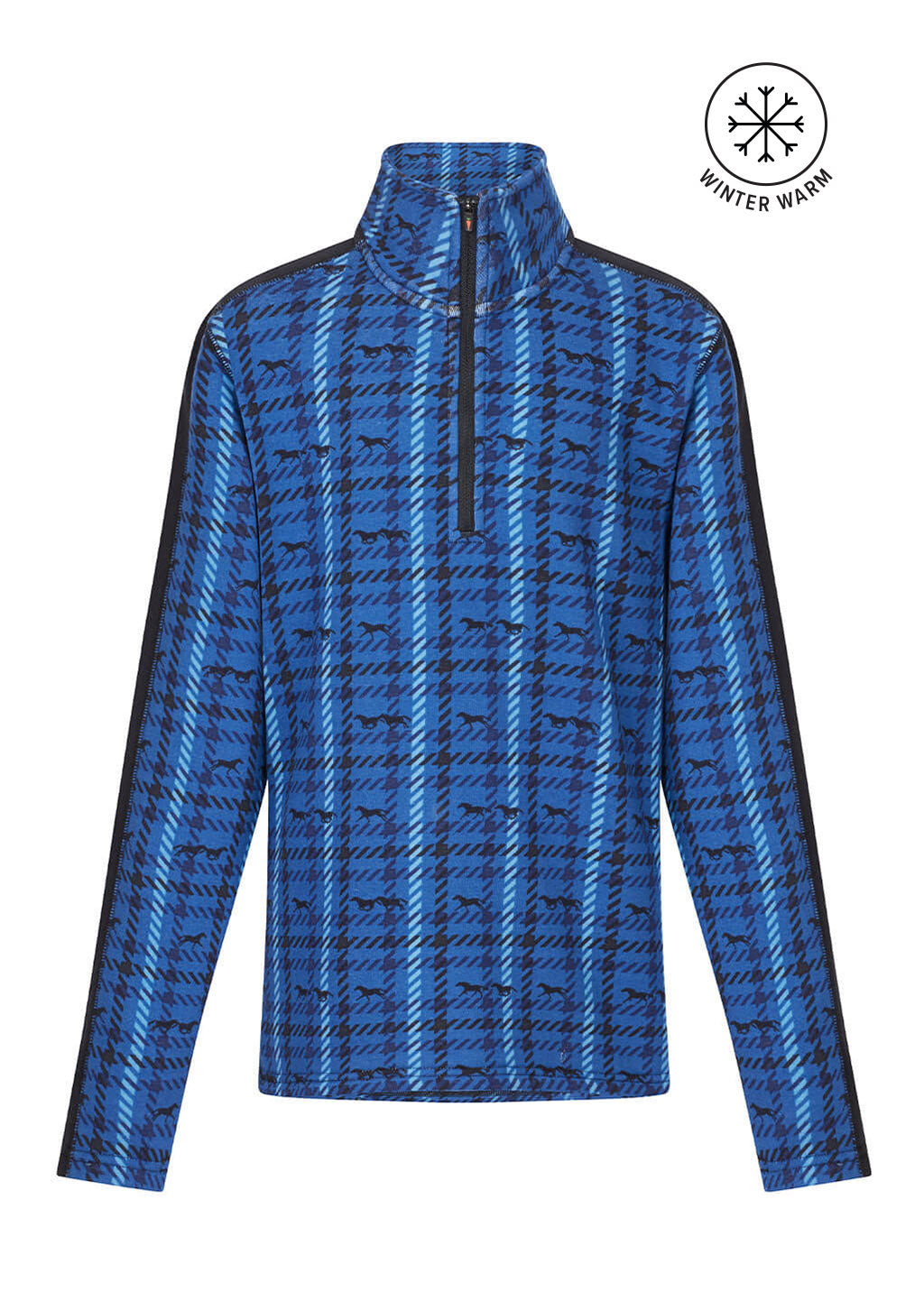 Flat lay of the fleece top, front side up, displaying the "Plaid Pasture" print, half-zip collar, and contrast arm stripes