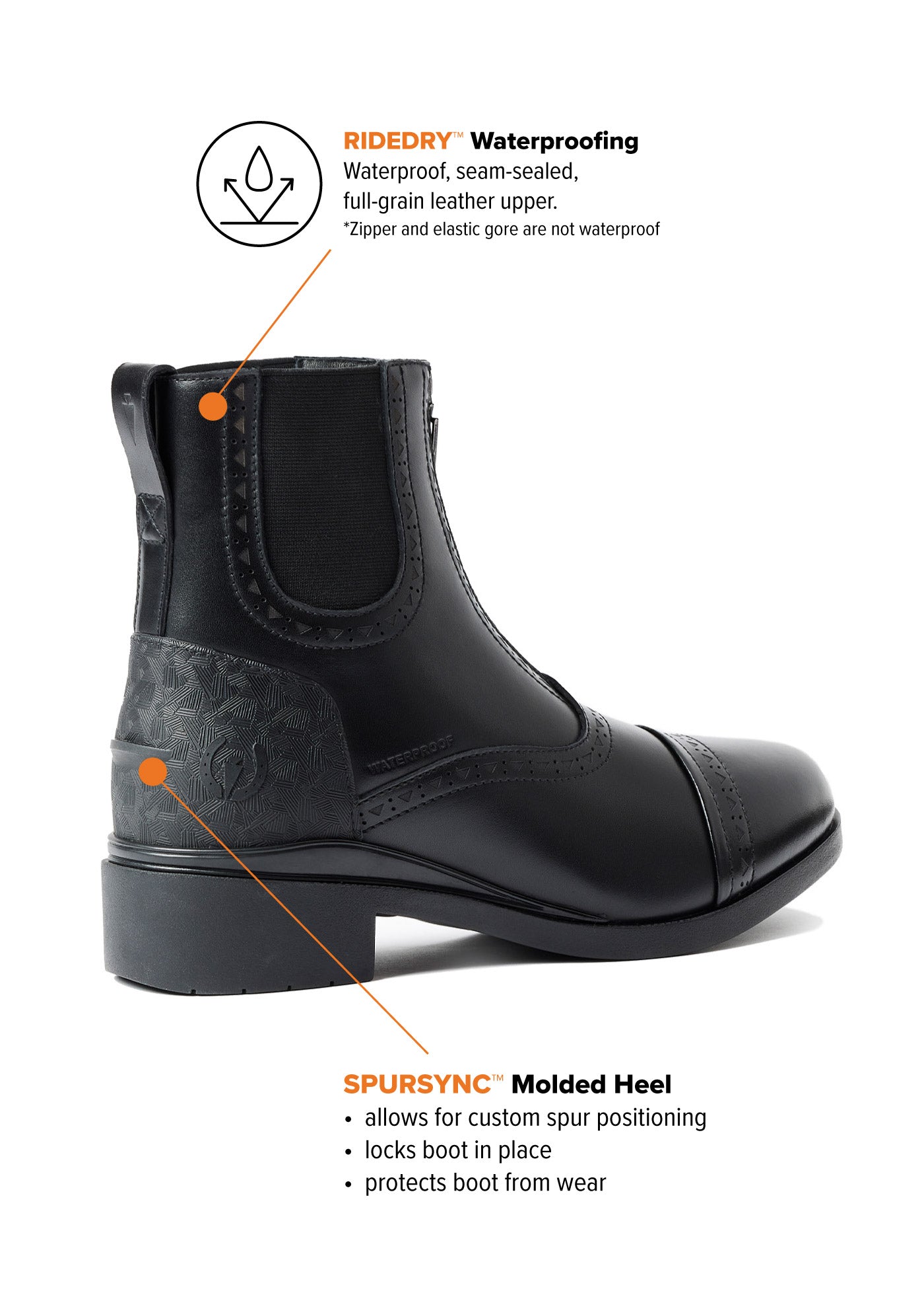Back view of Kerrits Essence Waterproof Paddock Boot displaying the leather pull-tab and SpurSync™ molded heel designed for secure spur positioning.