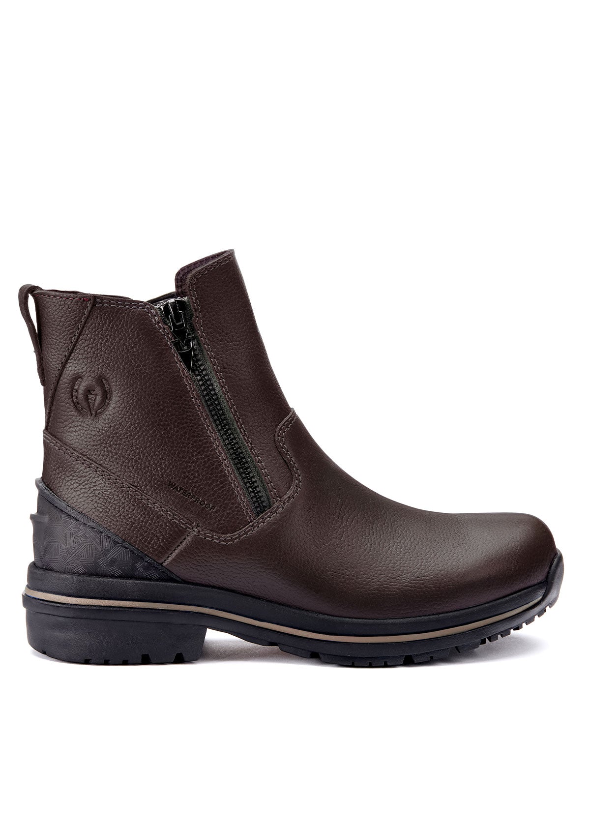 Side view of Woodstock Waterproof Barn Boot in dark bay, showcasing 6-inch tall fitted shaft and contrast stitching