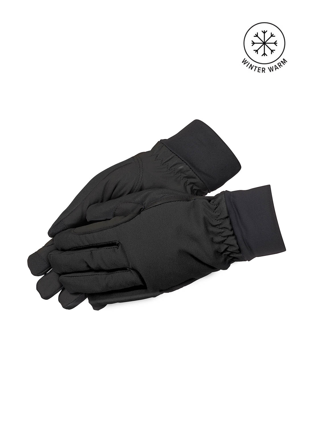 Flat lay of a pair of Kerrits Hand Warmer Riding Gloves in Black, displaying both front and back sides.