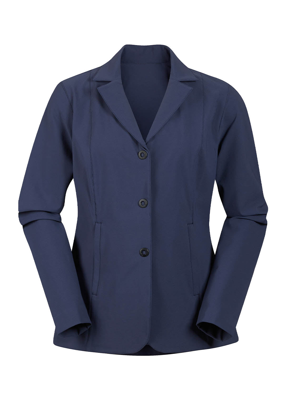 Stretch Competitor Koat in navy laid flat, front view, displaying the hidden front zipper, snap closures, and sleek design