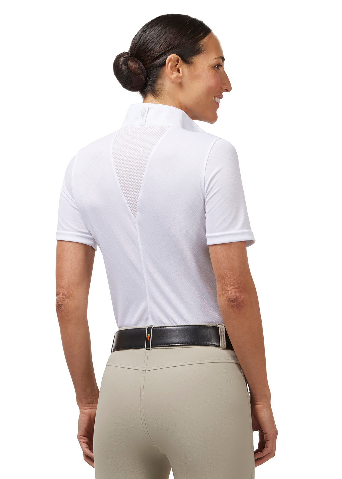 Back view of the Encore Short Sleeve Show Shirt in white, showcasing the cooling mesh panel between the shoulders for added breathability.