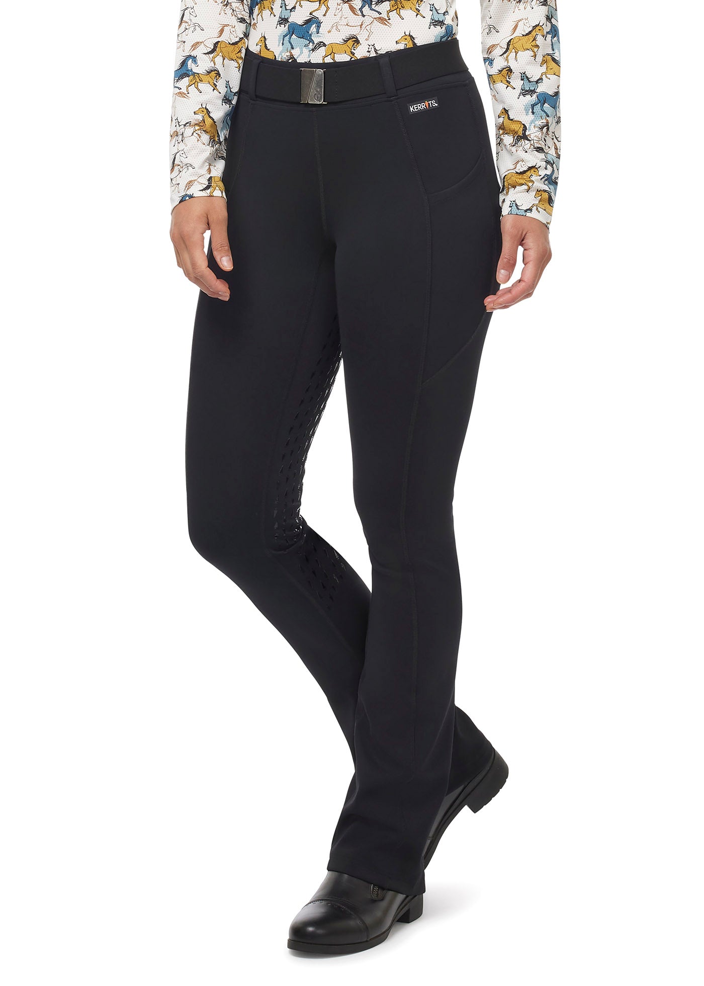 Front view of the Coolcore® Full Leg Bootcut Riding Tight in Black, featuring a mid-rise waistband with belt loops.