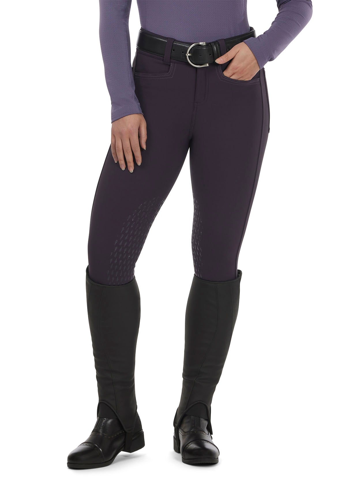 Front view of the Kerrits K-Flex™ Knee Patch Breech in Plumnoir, showcasing the sleek, tailored fit and mid-rise waistband.