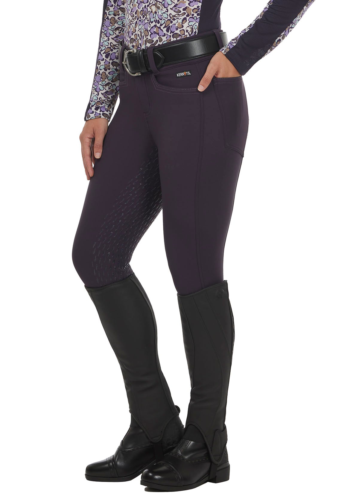 Front view of the Kerrits K-Flex™ Full Seat Breech in Plumnoir, highlighting the traditional styling with a wide waistband sitting at the natural waist.