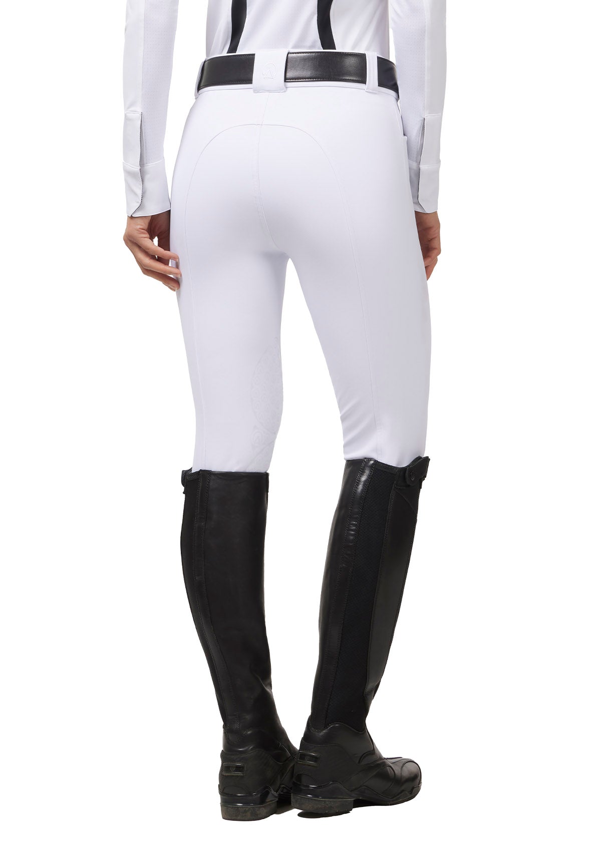 Back view of the Affinity® Pro Knee Patch Breech in white, showcasing the ergonomic Affinity® Silicone knee patches for enhanced grip.