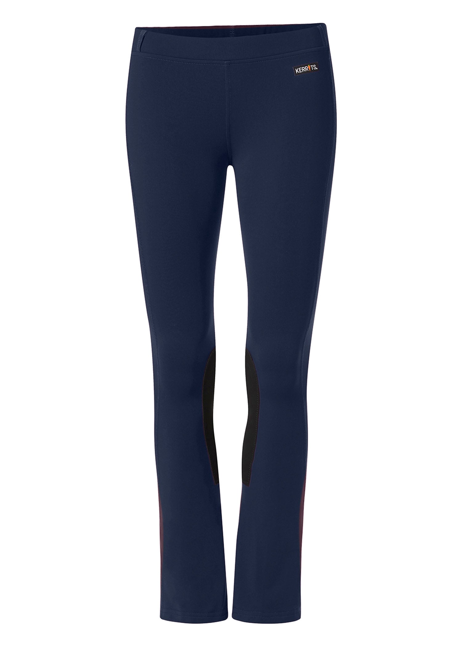 Flat lay of the riding pant, front side up, detailing the bootcut design and functional elements