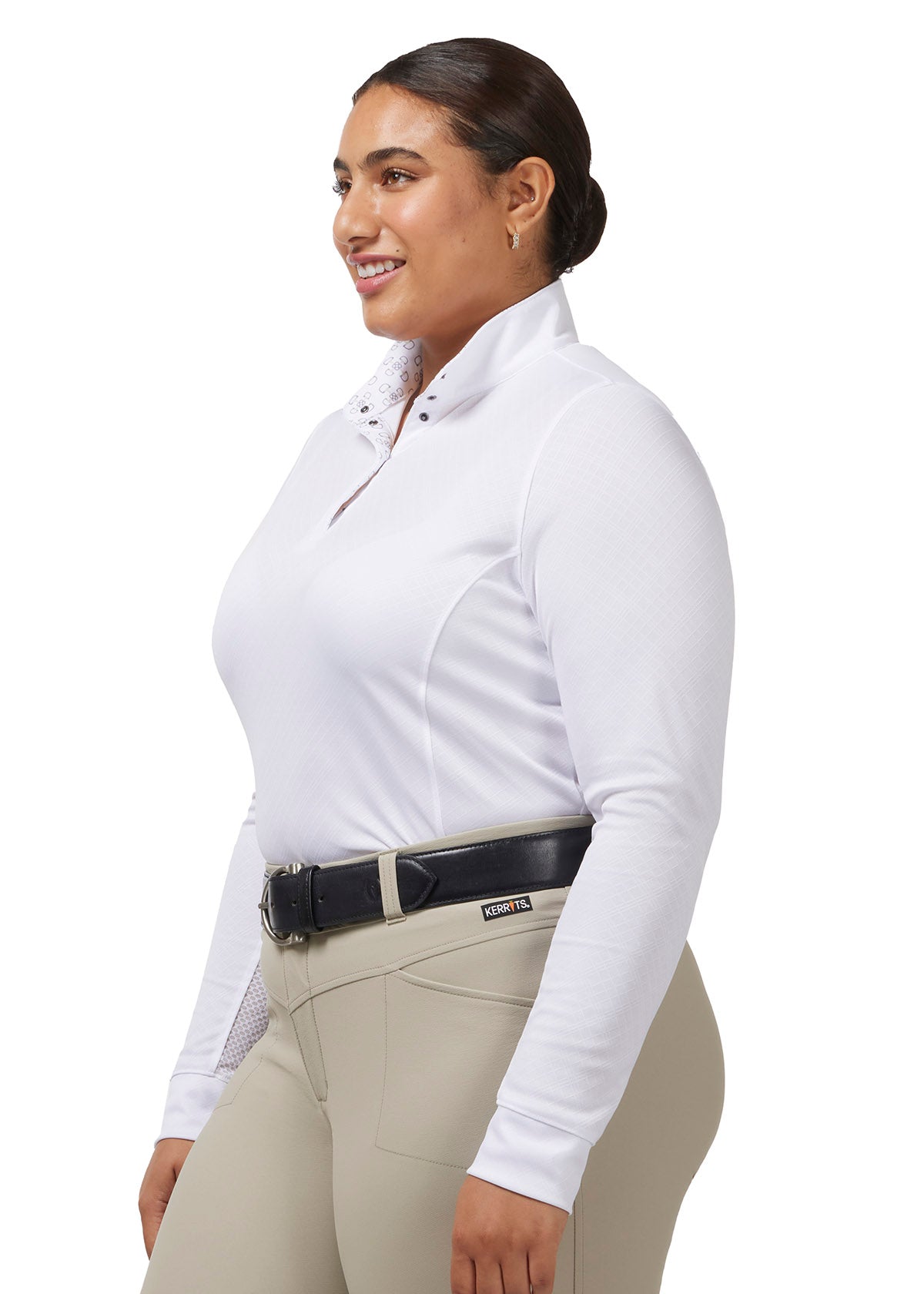 Side view of the Encore Long Sleeve Show Shirt in White, displaying the feminine fit and tailored silhouette.