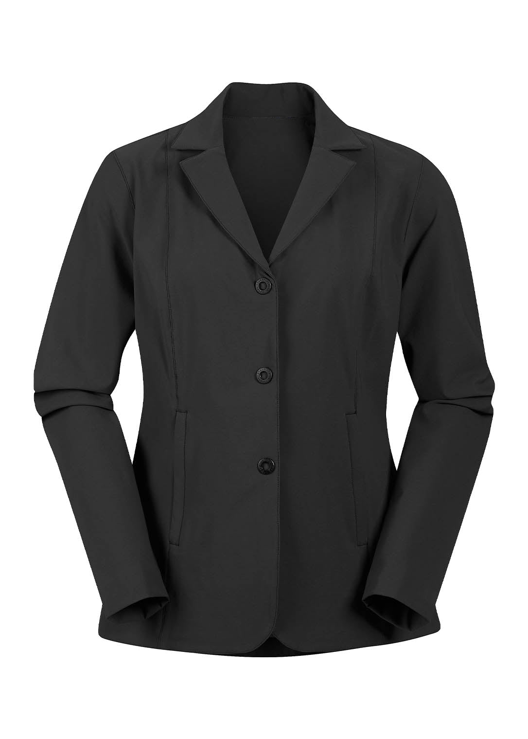 Stretch Competitor Koat in black laid flat, front view, displaying the hidden front zipper, snap closures, and sleek design