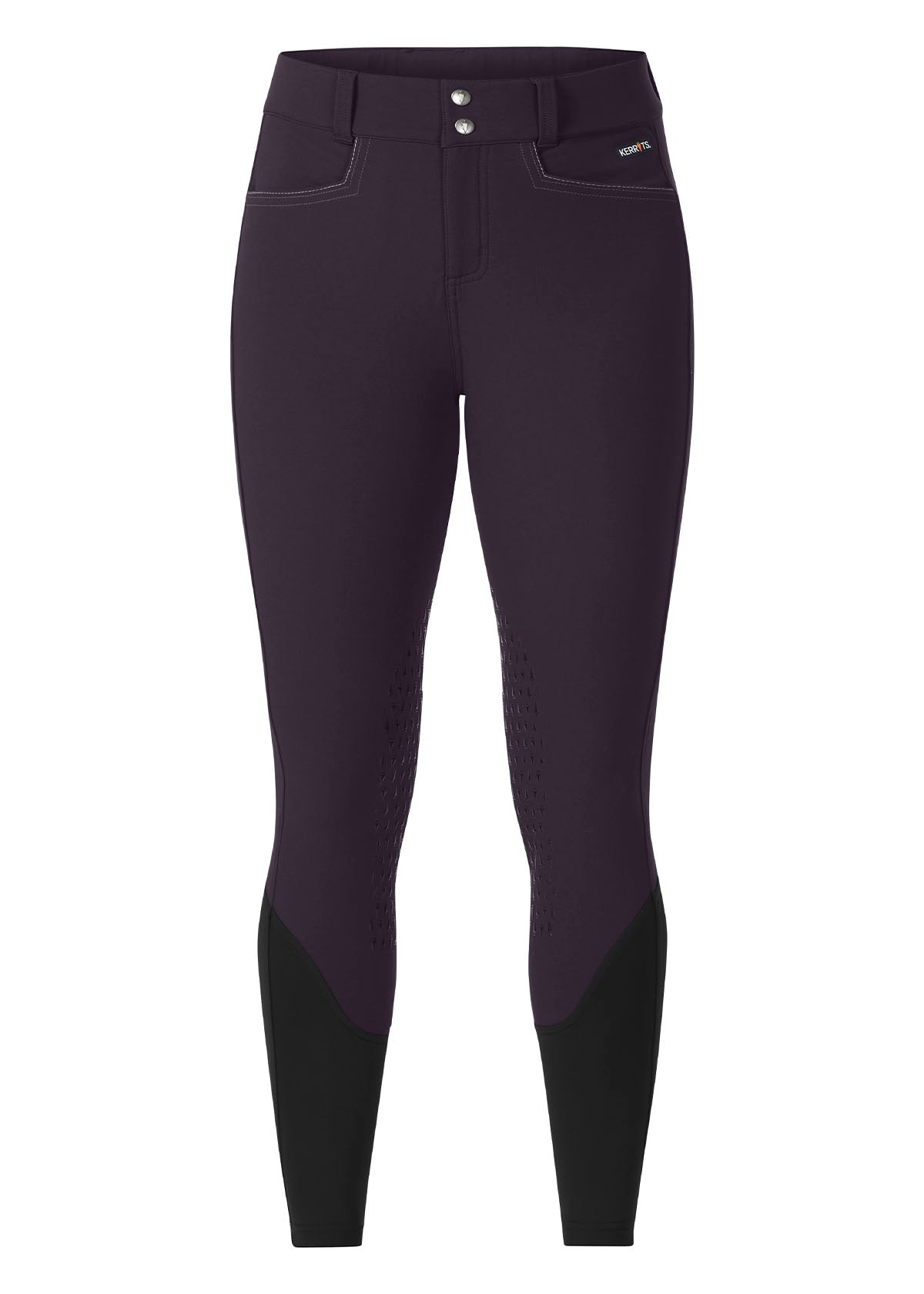 Flat lay of the Kerrits K-Flex™ Knee Patch Breech in Plumnoir, displaying the structured front design and mid-rise waistband.