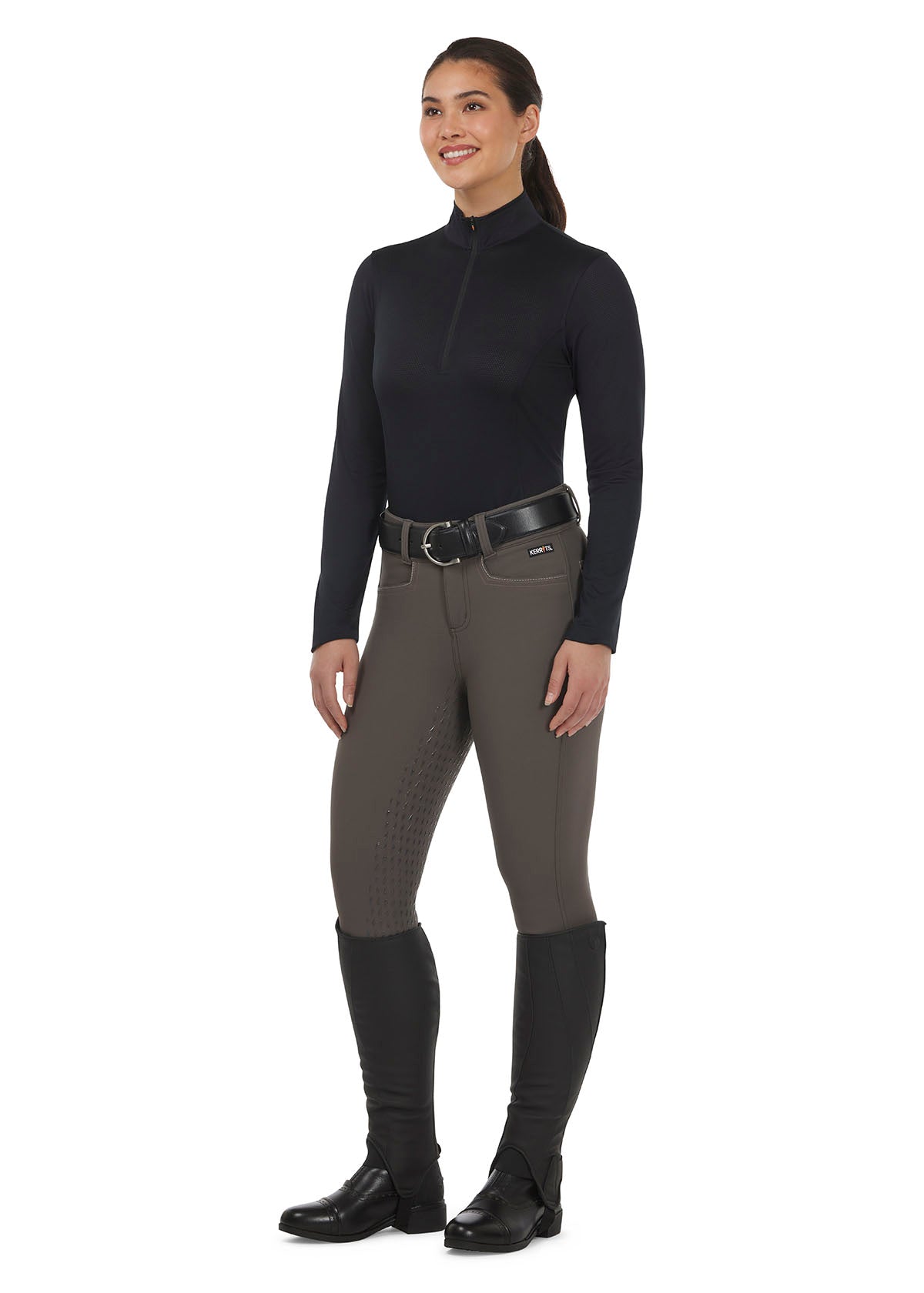 Model wearing the Kerrits K-Flex™ Full Seat Breech in Cast Iron, highlighting the tailored fit and classic design elements.