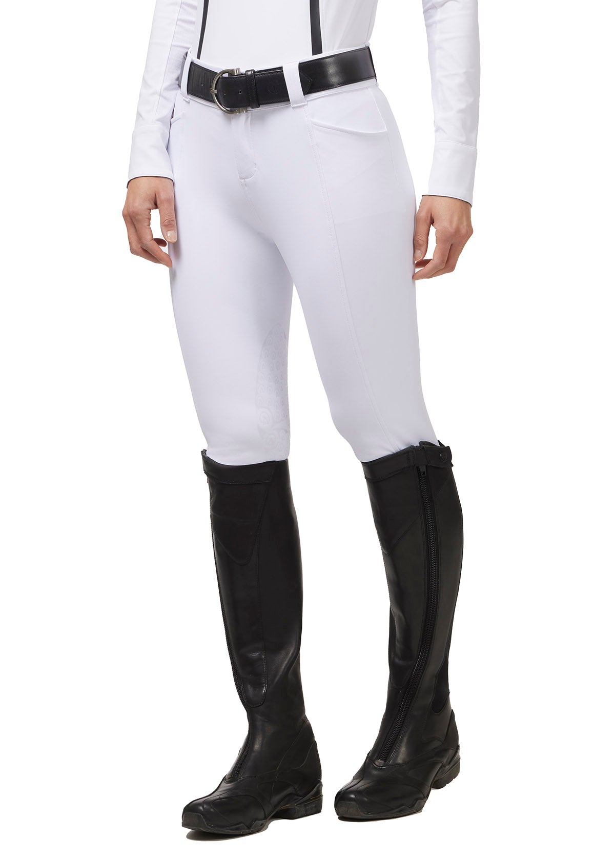 Right side view of the Affinity® Pro Knee Patch Breech in white, highlighting the figure-flattering seams and ProStretch™ Twill fabric.