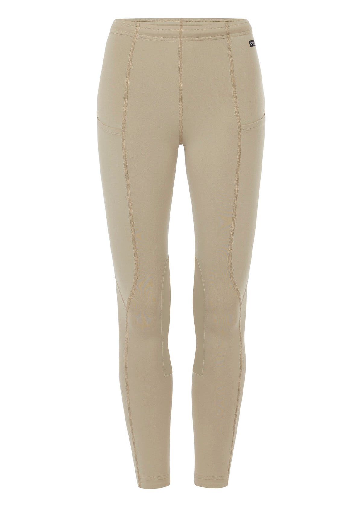 Flat lay of the riding tight, front side up, displaying the knee patches, waistband, side pockets, and overall design