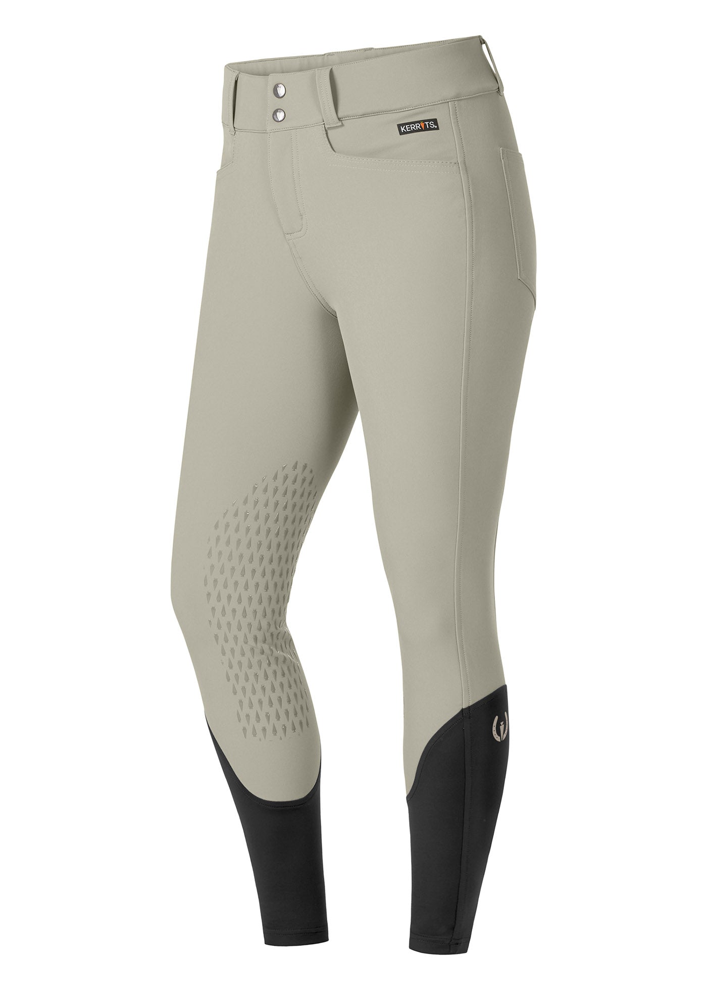 Flat lay of the Kerrits K-Flex™ Knee Patch Breech in Sand, displaying the structured front design and mid-rise waistband.