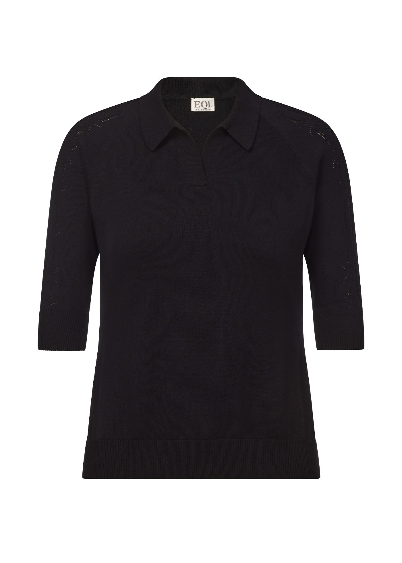 Flat lay of the Bit of Breeze Sweater Knit Polo in Black, displaying the front design with polo-style collar, open placket, and raglan sleeves.