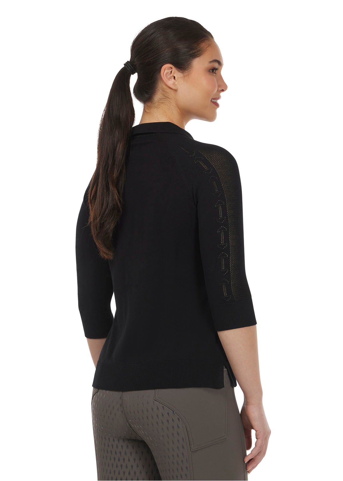 Back view of the Bit of Breeze Sweater Knit Polo in Black, showing the lightweight, breathable cotton blend knit and fine rib bottom hem.