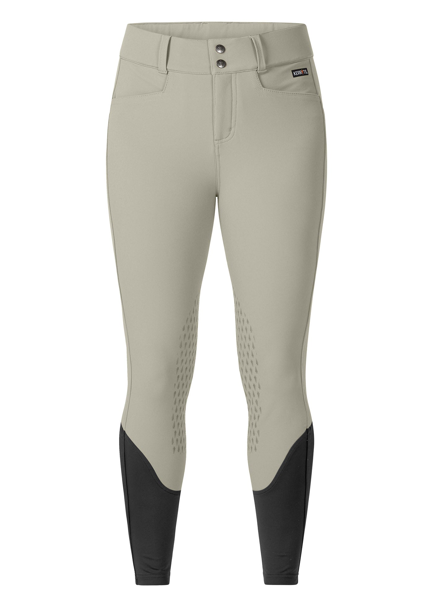Flat lay of the Kerrits K-Flex™ Knee Patch Breech in Sand, displaying the structured front design and mid-rise waistband.