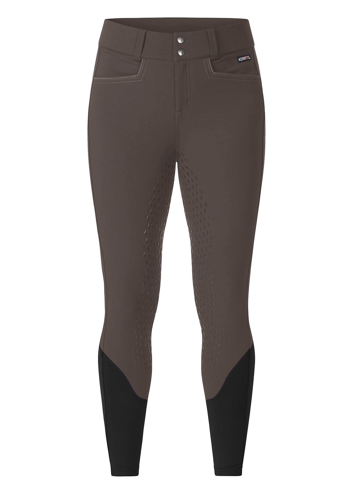 Flat lay of the Kerrits K-Flex™ Full Seat Breech in Cast Iron, highlighting the front profile with pockets and wide waistband.