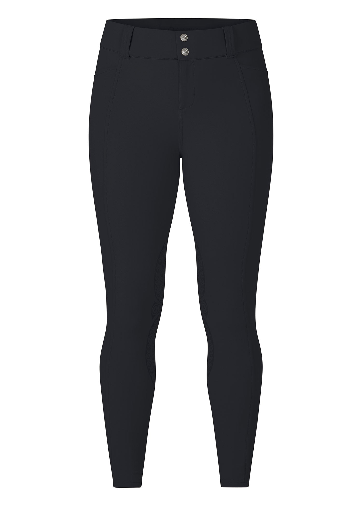 Flat lay of the Affinity® Pro Knee Patch Breech in Black, displaying the front design with tailored front fly and two front pockets.