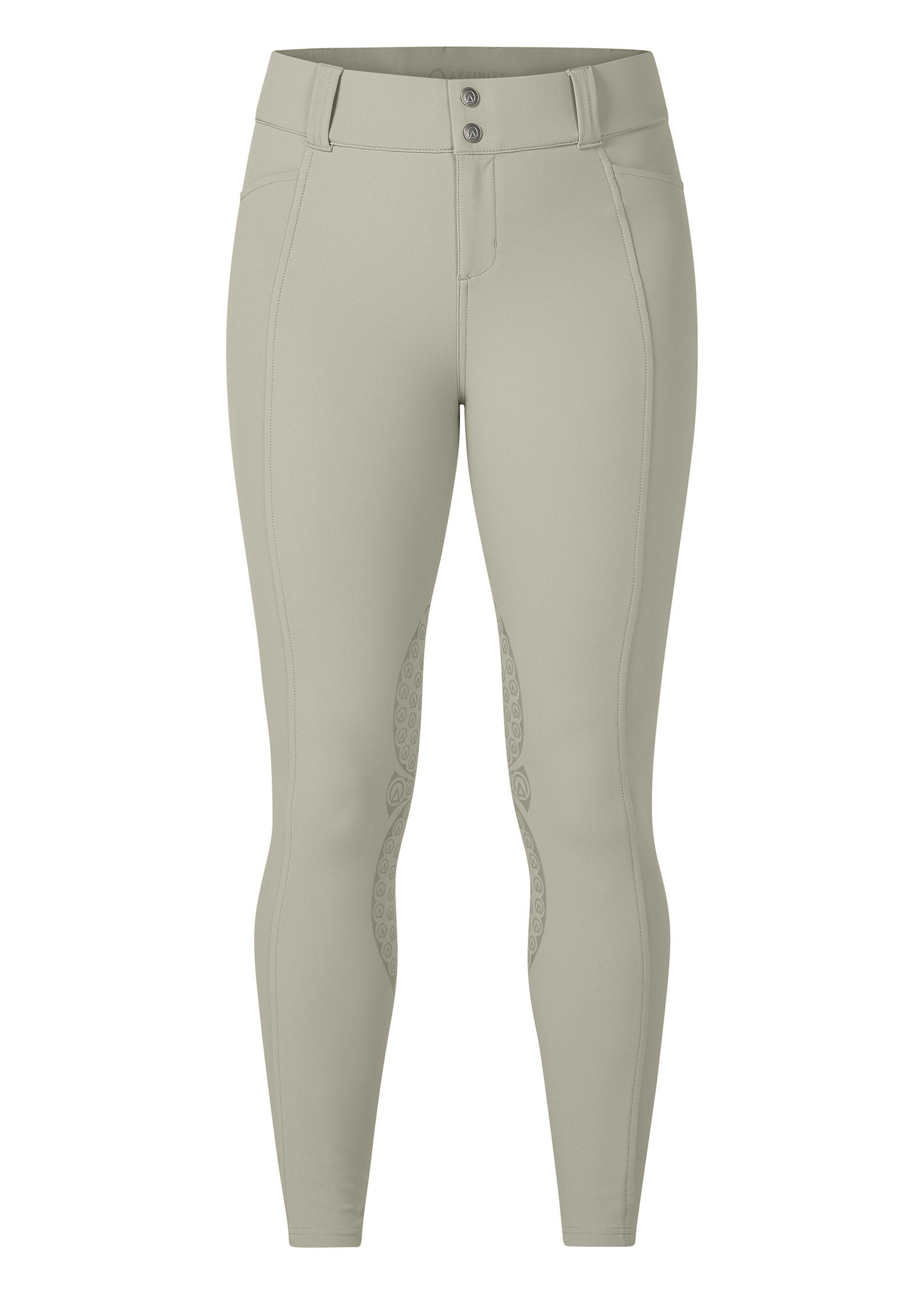 Flat lay of the Affinity® Pro Knee Patch Breech in Sand, displaying the front design with tailored front fly and two front pockets.