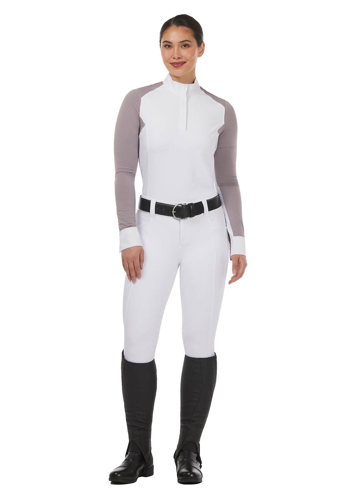 Model wearing the Affinity® Pro Full Seat Breech in white, paired with a show shirt for a polished competition look.