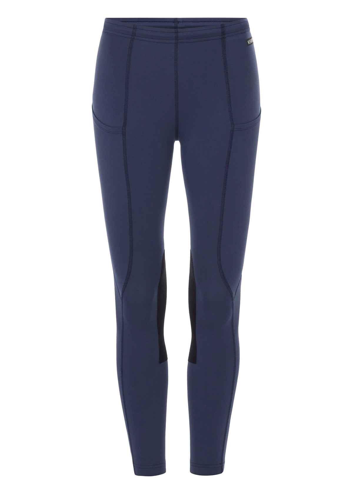 Flat lay of the riding tight, front side up, displaying the knee patches, waistband, side pockets, and overall design