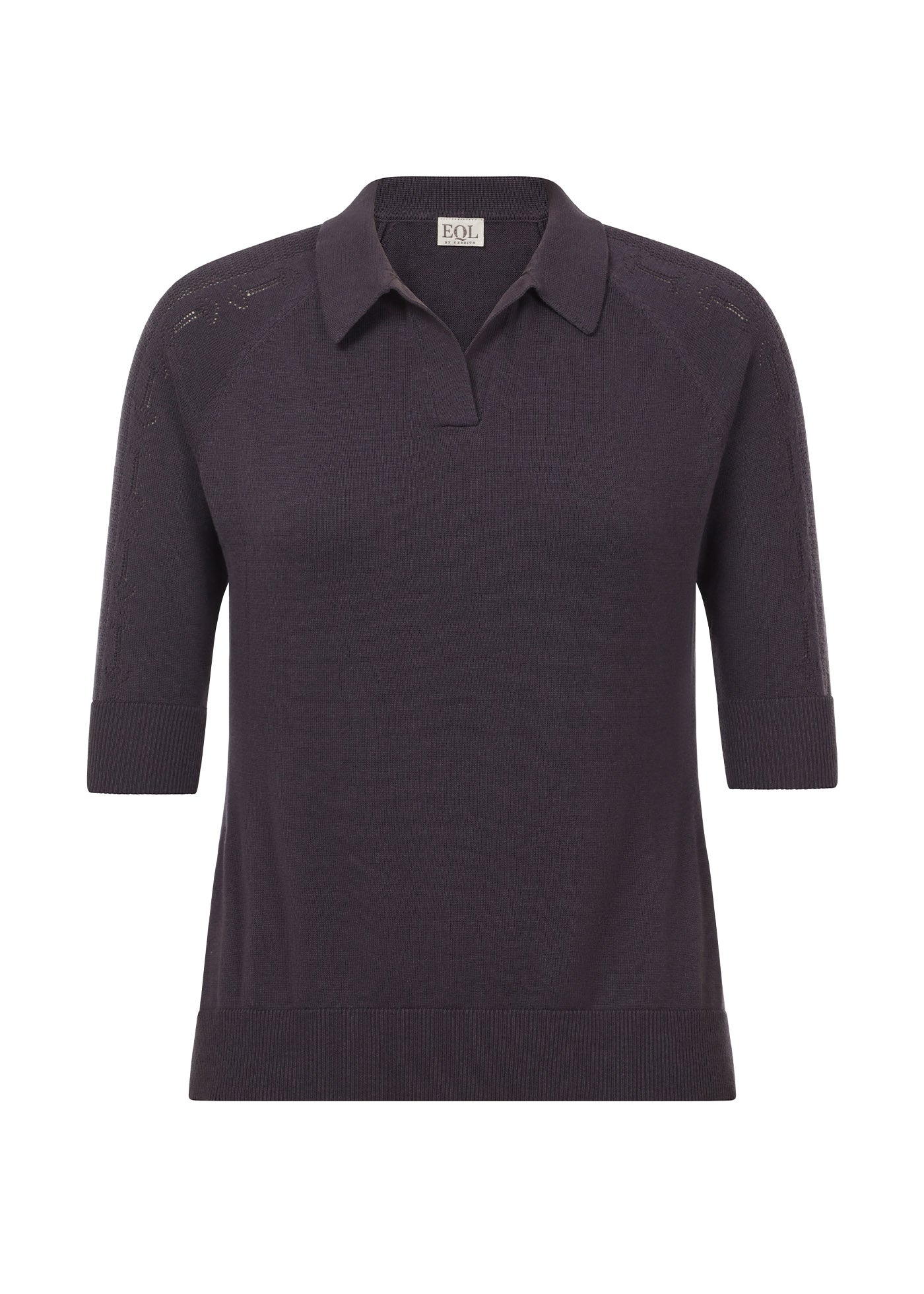 Flat lay of the Bit of Breeze Sweater Knit Polo in Abyss, displaying the front design with polo-style collar, open placket, and raglan sleeves.