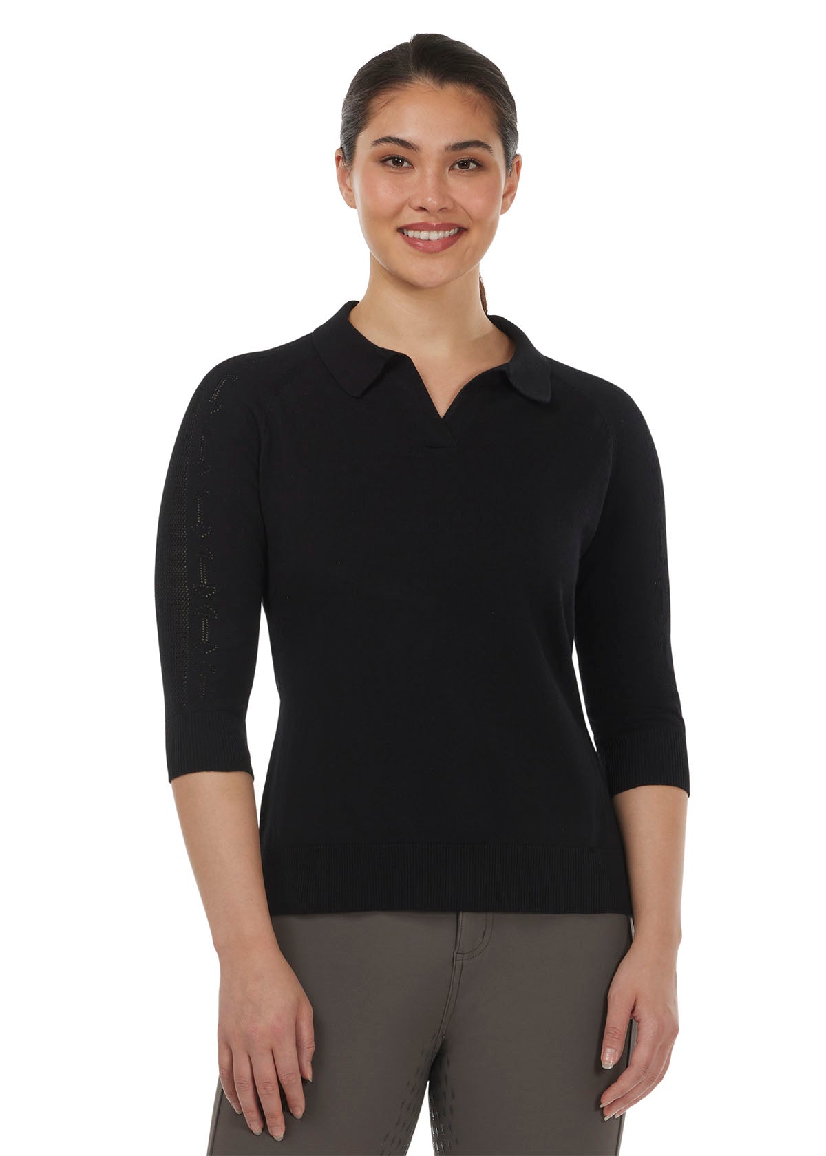 Front view of the Bit of Breeze Sweater Knit Polo in Black, featuring a pointed polo-style collar, open placket, and ribbed hem for a classic look.