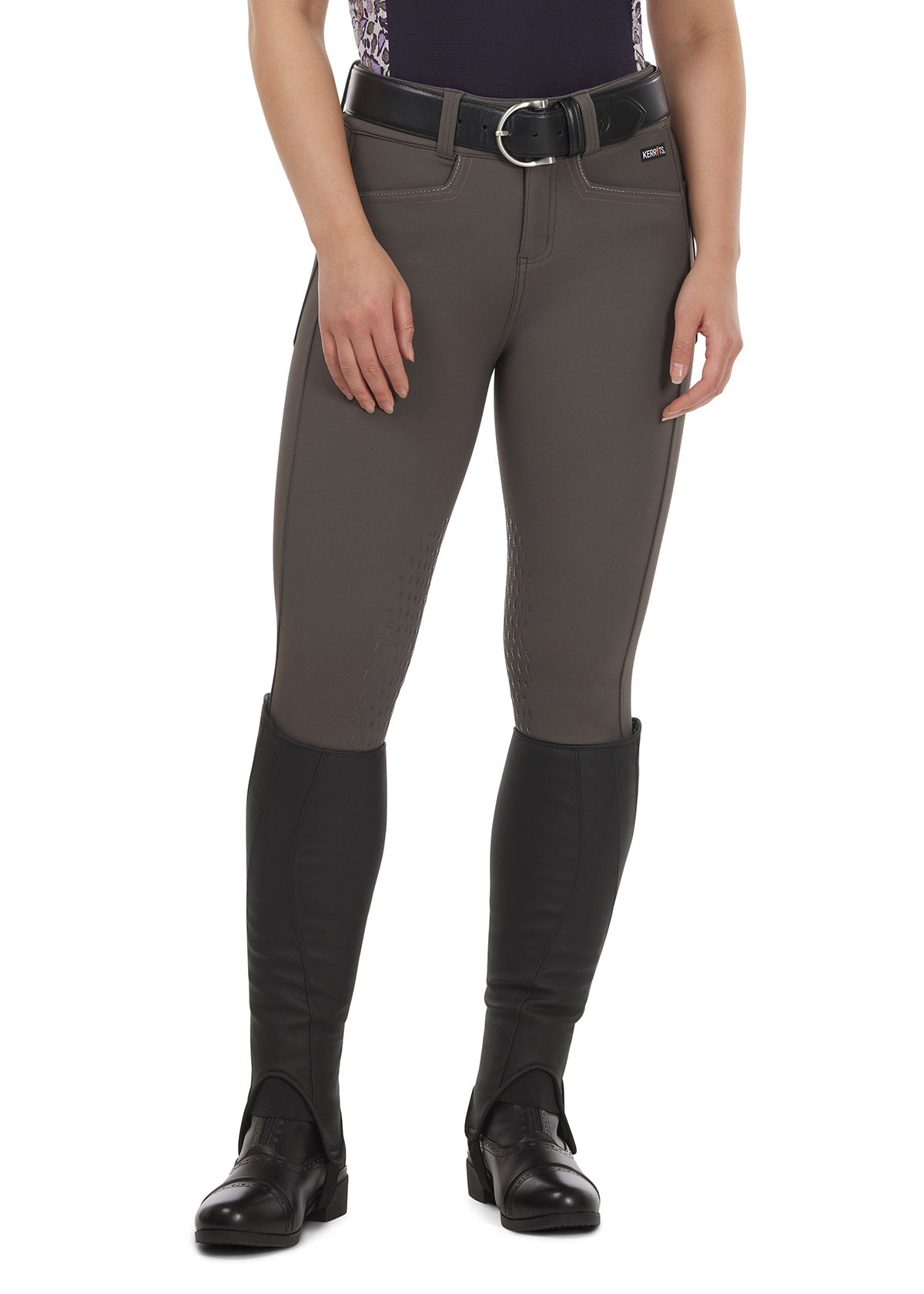 Front view of the Kerrits K-Flex™ Knee Patch Breech in Cast Iron, showcasing the sleek, tailored fit and mid-rise waistband.