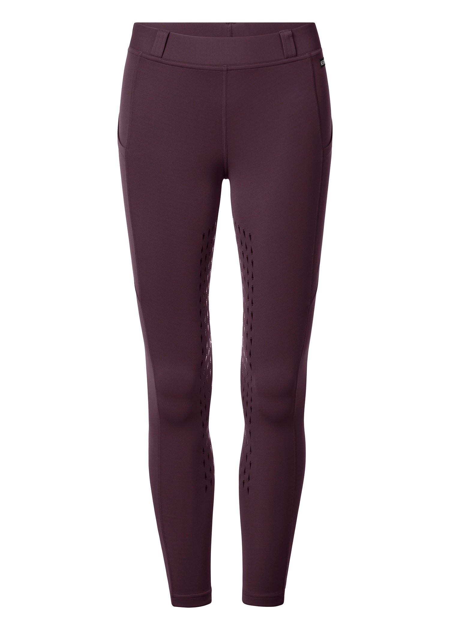 Flat lay of the riding tights, front side up, detailing the full-leg silicone grip and functional elements