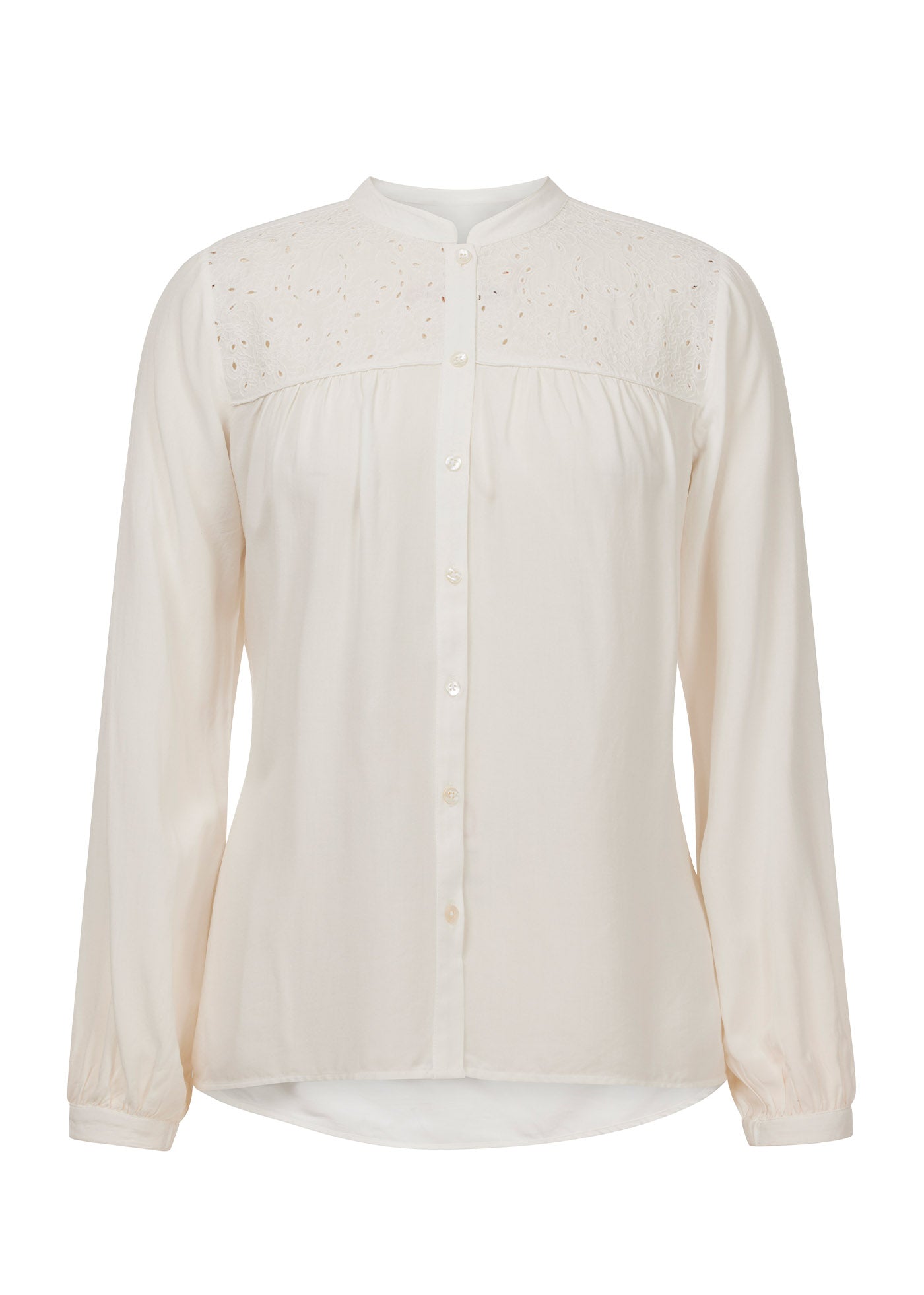 Flat lay of the Kerrits Hollyhocks & Horseshoes Blouse in Soft White, showing the front profile with floral horseshoe embroidery.