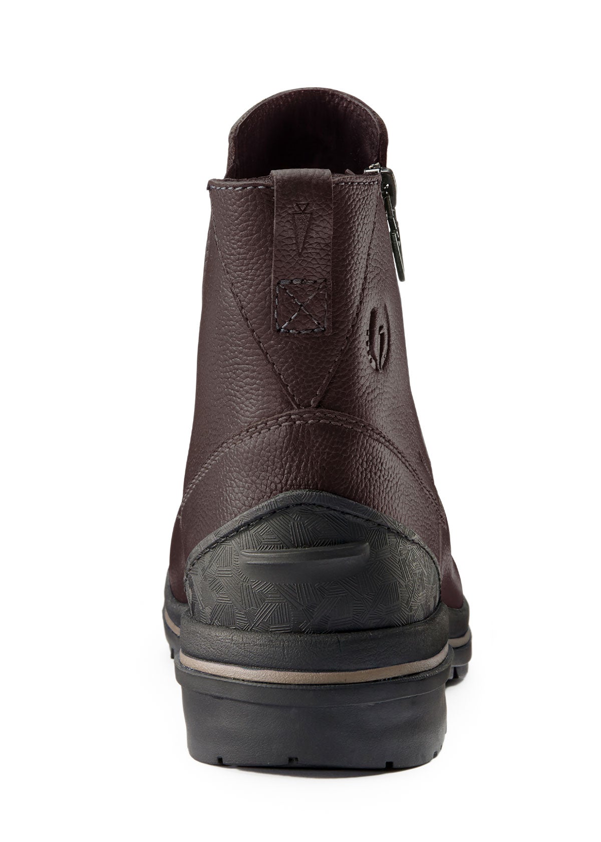Back view of Woodstock Waterproof Barn Boot in dark bay, displaying SpurSync™ molded heel and 1-inch heel suitable for riding