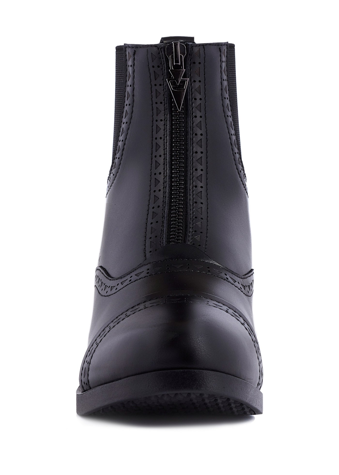 Front view of Kerrits Essence Waterproof Paddock Boot highlighting the smooth, burnished full-grain leather upper with classic toe cap and punched leather detailing.