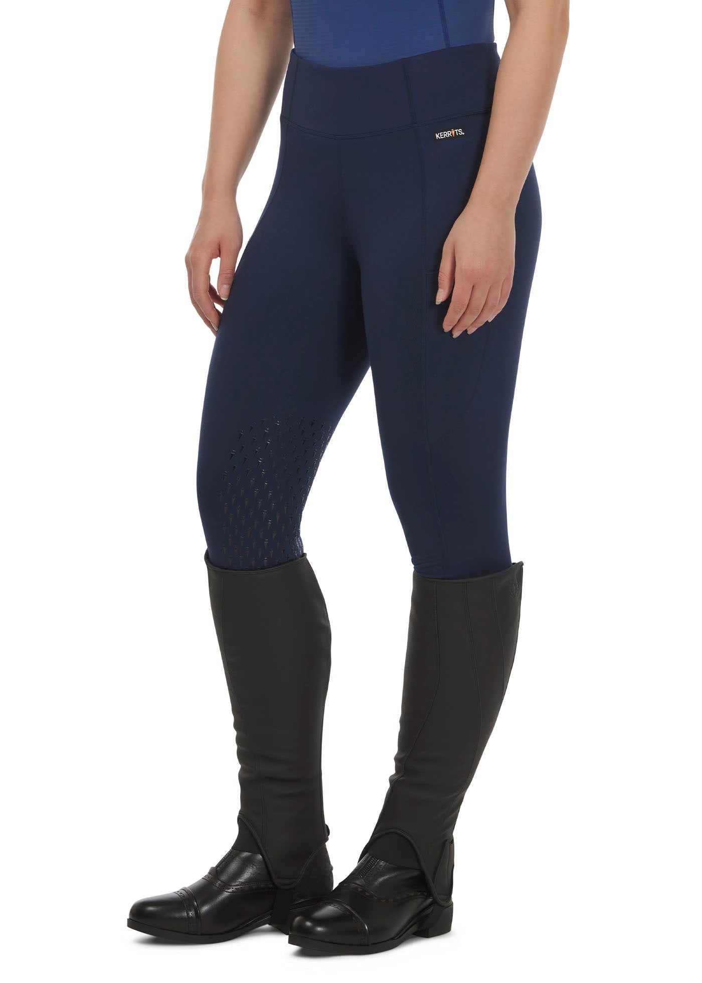Front view of the Free Style Knee Patch Pocket Tight in Galaxy Blue, highlighting the high-rise waistband and sleek design.