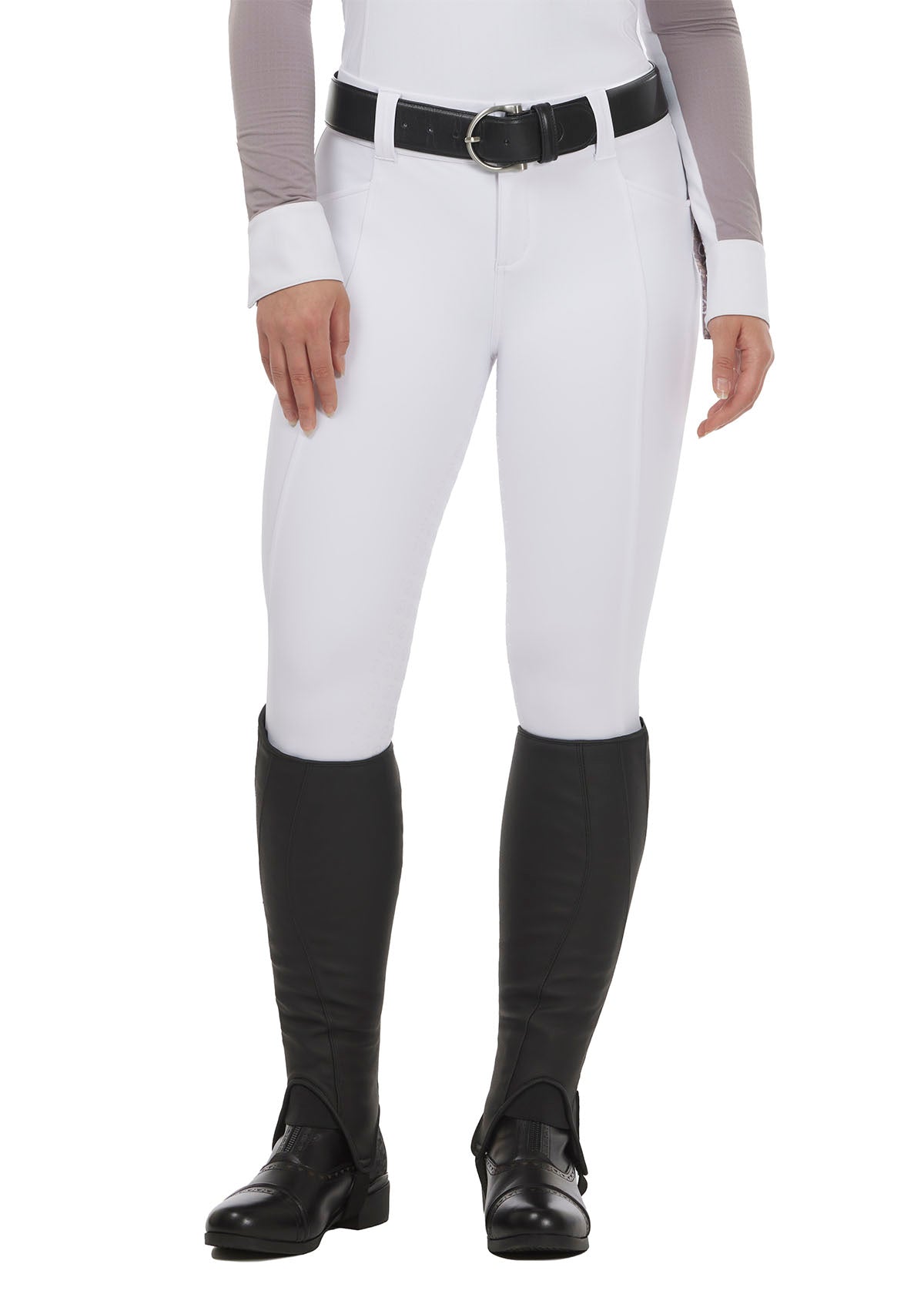 Front view of the Affinity® Pro Full Seat Breech in white, featuring a tailored front fly with two-snap closure and two front pockets.