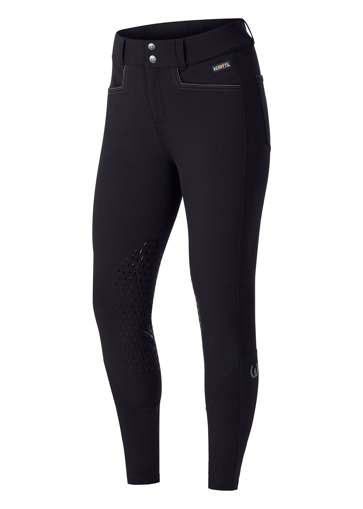 Flat lay of the Kerrits K-Flex™ Knee Patch Breech in Black, displaying the structured front design and mid-rise waistband.