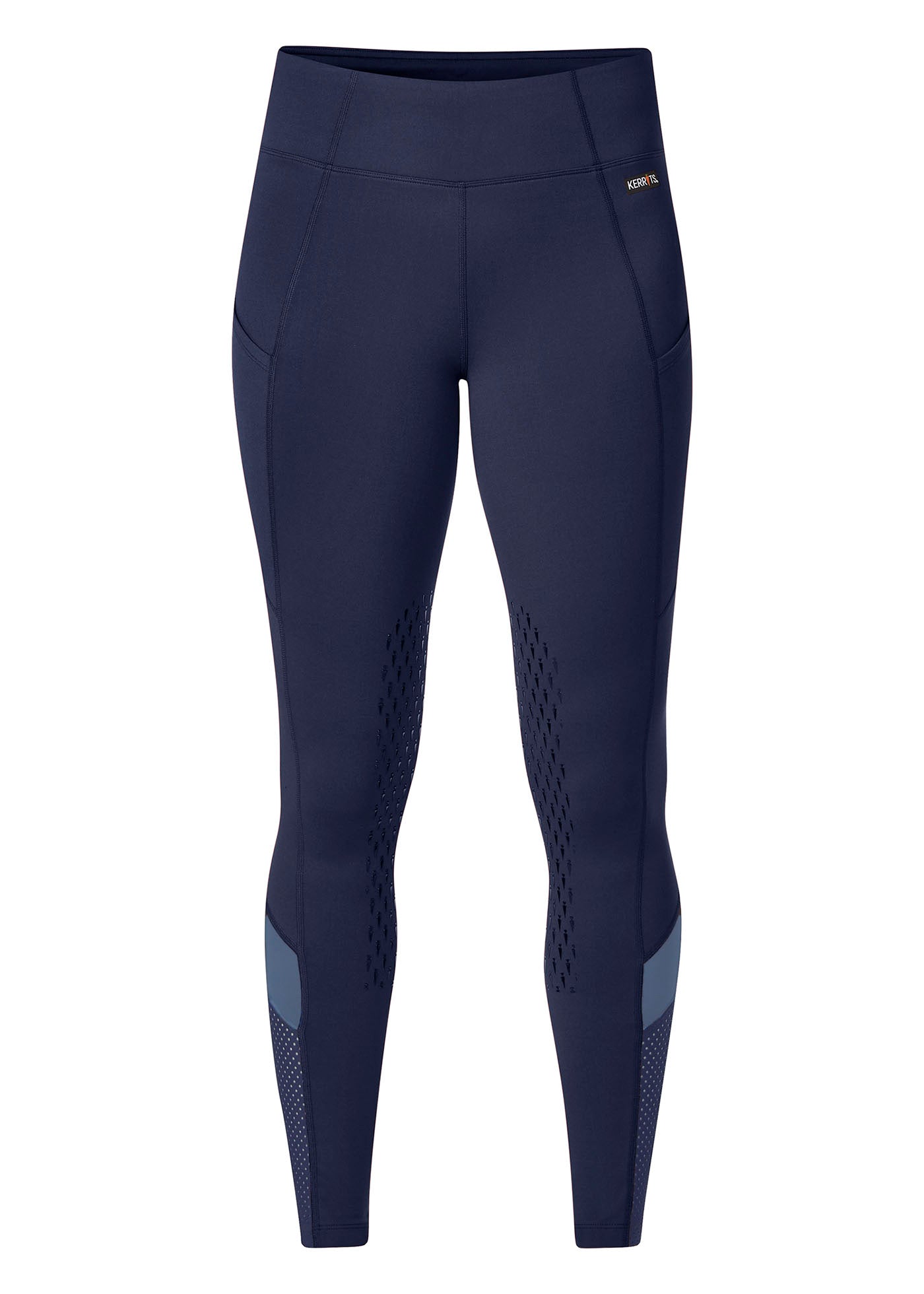 Flat lay of the Free Style Knee Patch Pocket Tight in Galaxy Blue, showing the front profile and waistband design.