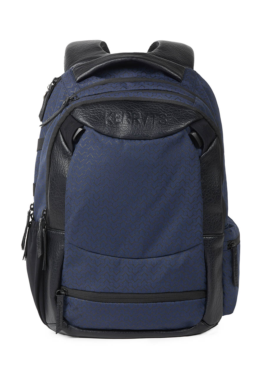 Front view of the Kerrits EQ Backpack in Navy, showcasing its equestrian-inspired design with multiple storage compartments.