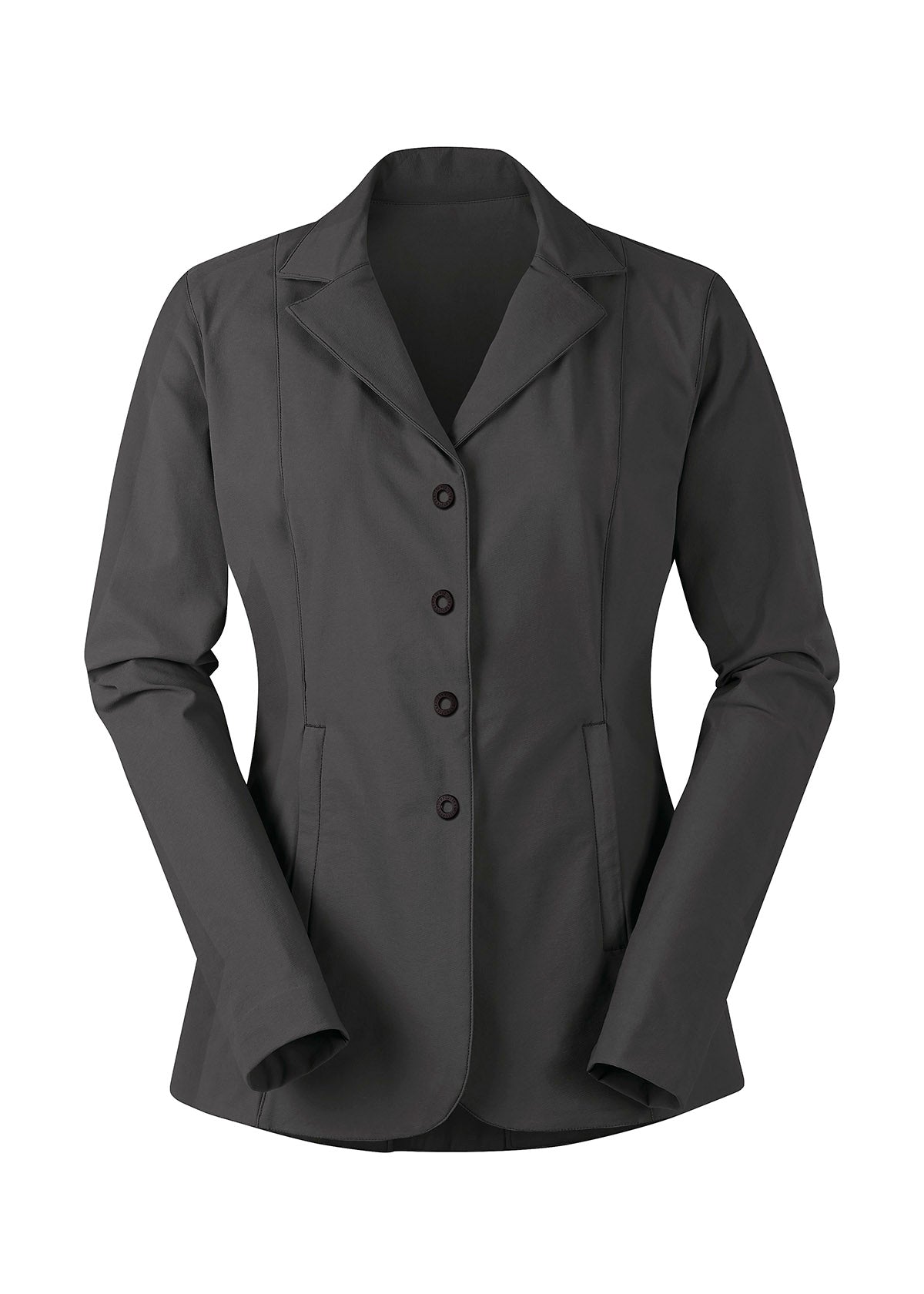 Stretch Competitor Koat in Obsidian laid flat, front view, displaying the hidden front zipper, snap closures, and sleek design